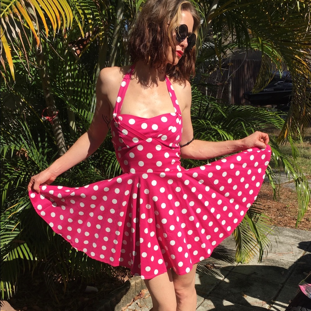 Pinup girl hot pink and white polkadot dress